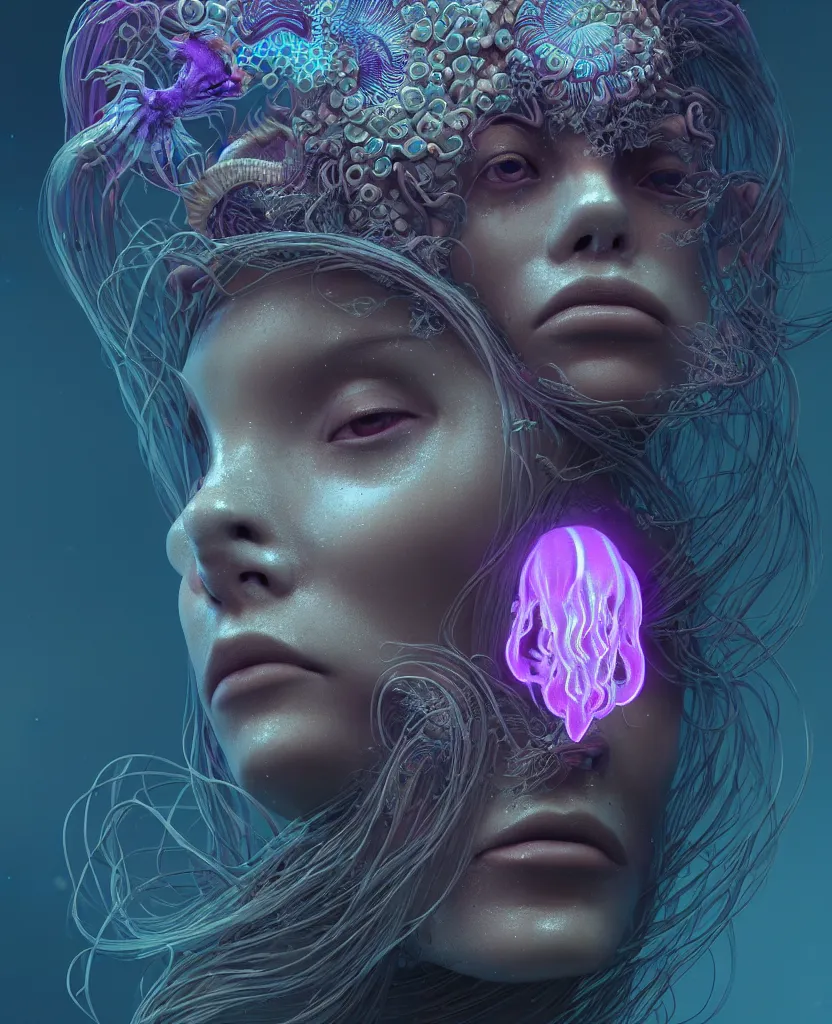 Prompt: goddess close-up face portrait. chimera orchid jellyfish phoenix head, nautilus, skull, betta fish, bioluminiscent creatures, intricate artwork by Tooth Wu and wlop and beeple. octane render, trending on artstation, greg rutkowski very coherent symmetrical artwork. cinematic, hyper realism, high detail, octane render, 8k