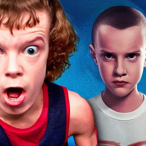 Image similar to eleven from stranger things versus The Rock in a WWE fight