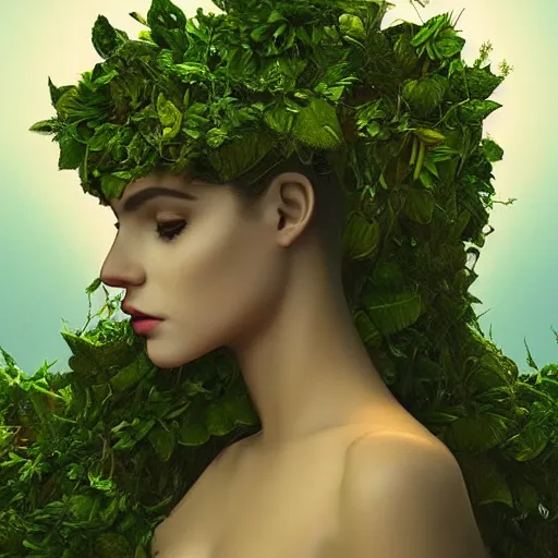 Image similar to Giant Mother Nature made of vines and leaves and a crown made of flowers towering over a tropical island, Dramatic Lighting, Trending on Artstation HQ, 4K, UHD.