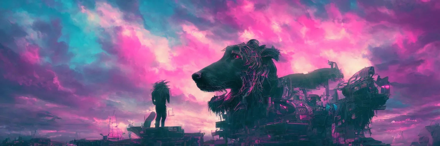 Prompt: hyperdetailed illustration, portrait big dark dog, pirate neon ship, mohawk, stars, pink, neon, oil painting, rich deep colors masterpiece, ultra detailed, contrast, heaven pink, clouds, volumetric light, atmospheric lighting, dramatic, cinematic, moody, octane render 4 k, 8 k