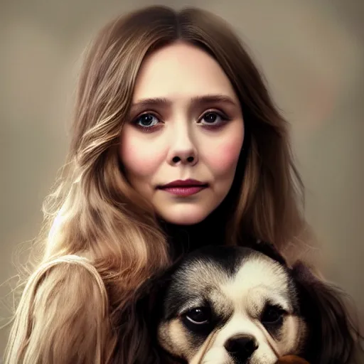 Prompt: Elizabeth Olsen holding a dog in her hands, photorealistic, 4k, 8k, trending on artstation