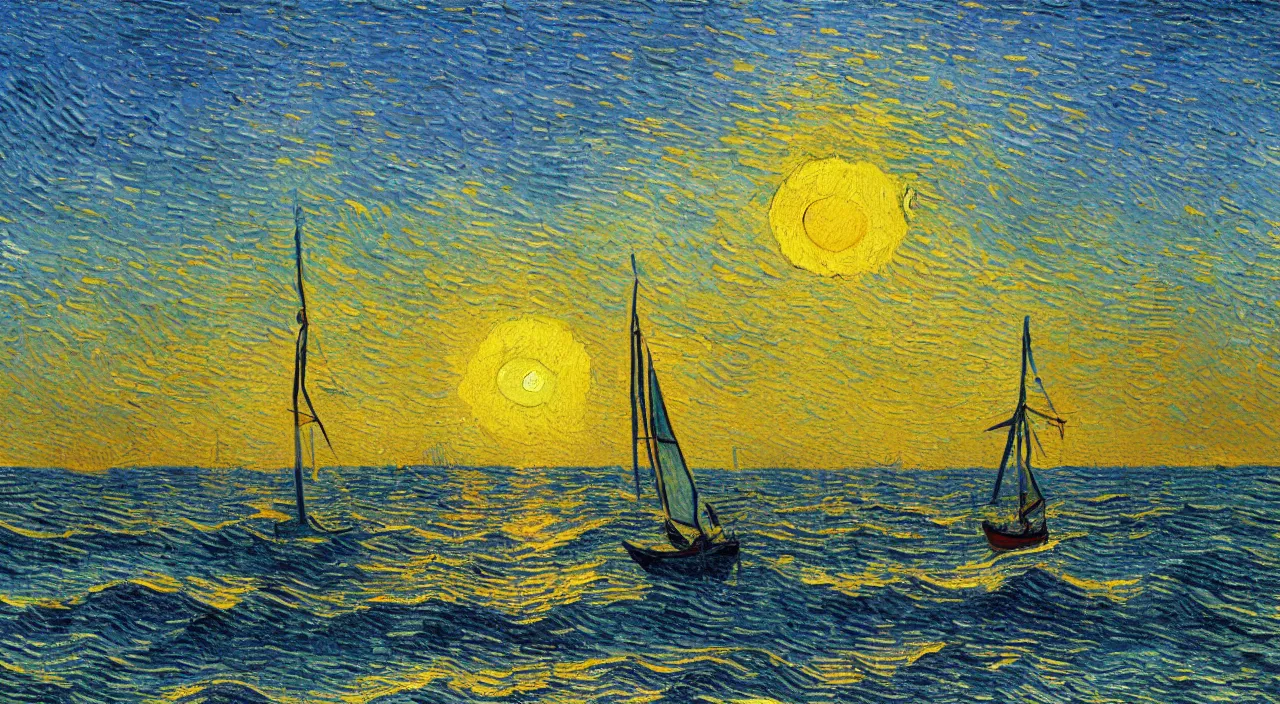 Prompt: detailed oil painting of sailing boat, sailing towards the rising sun, calm ocean, sunset lighting, clear blue sky, impressionist painting by vincent van gogh illustration, digital art, concept art