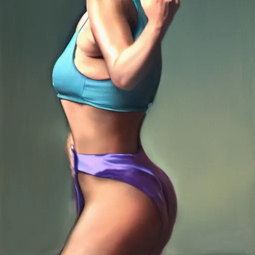 Image similar to A hyper realistic painting of a woman lifting her skirt while bending over