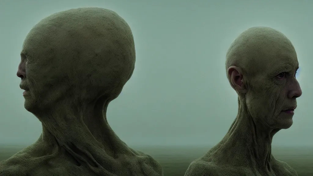 Image similar to a strange creature moves the human head, film still from the movie directed by Denis Villeneuve with art direction by Zdzisław Beksiński,