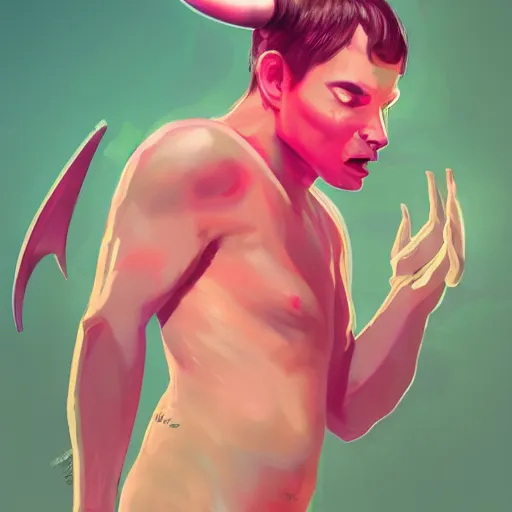 Image similar to a young man with hot pink skin, horns, a rat on his shoulder, tinfoil hat, full plate, short dark hair, exasperated, character art, full body art, dungeons and dragons, d & d, trending on artstation, artgerm, 4 k ultra hd, sharp focus, digital art by ilya kuvshinov and ross tran