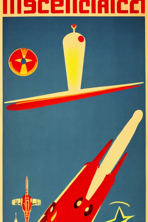 Image similar to ussr propaganda poster of 1 9 5 0 s space race, futuristic design, dark, symmetrical, washed out color, centered, art deco, 1 9 5 0's futuristic, glowing highlights, intense