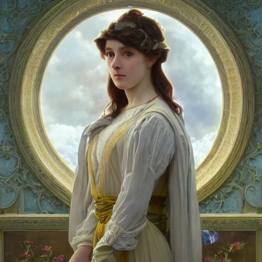 Prompt: a very detailed portrait painting of Isabelle, a very detailed french room, a very detailed dramatic sky, light particles, environment drawn by Donato Giancola and Tom Bagshaw, Edmund Leighton, character design by Alphonse Mucha, 4k, volumetric lighting, komorebi, award winning, octane render, hyperrealistic