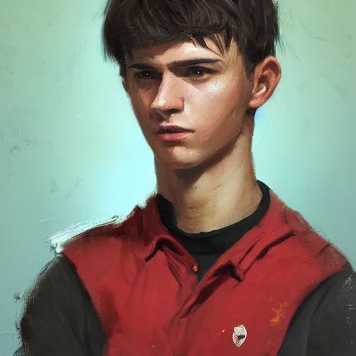 Prompt: Portrait of a man by Greg Rutkowski, he is about 20 years old, british features, straight jaw, attractive, short brown hair with bangs, athletic and strong, gallant, childhood friend vibes, he is wearing red and black utilitarian jumpsuit, highly detailed portrait, digital painting, artstation, concept art, smooth, sharp foccus ilustration, Artstation HQ.