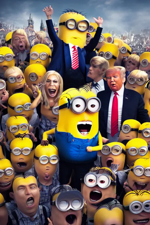 Image similar to trump as a minion, blond hair, riot background, photorealistic, intricate, portrait, 8 k highly professionally detailed, hdr, cgsociety