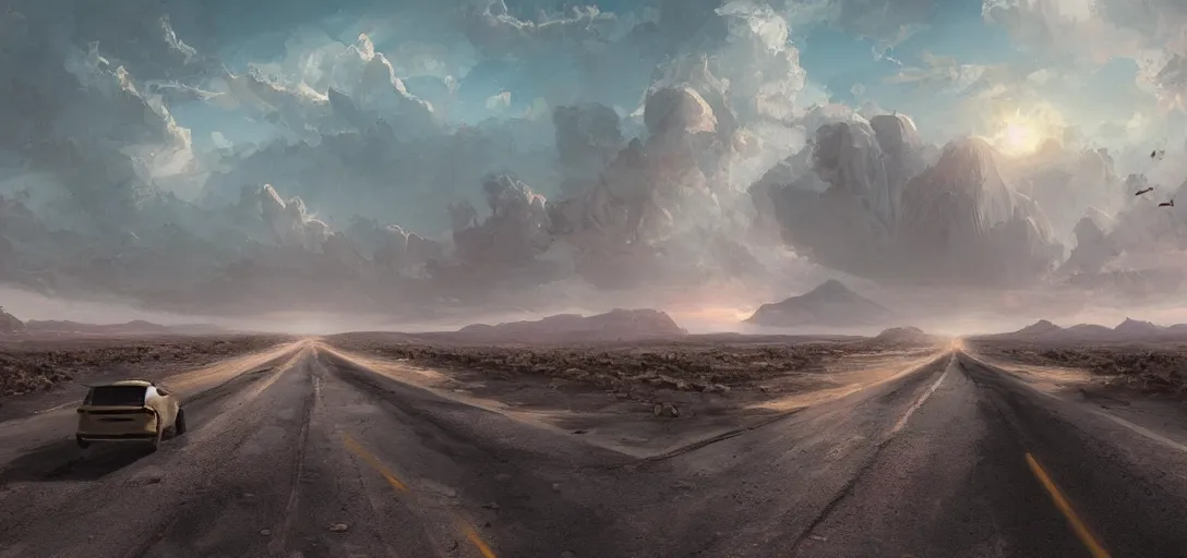 Prompt: a desolate highway in the middle of the nevada desert, drawn by artgerm and greg rutkowski, establishing shot, opening film shot, video game cinematic, highly detailed, digital painting, concept art, movie poster art, cinematic framing, cinematic lighting, illustration, trending on artstation