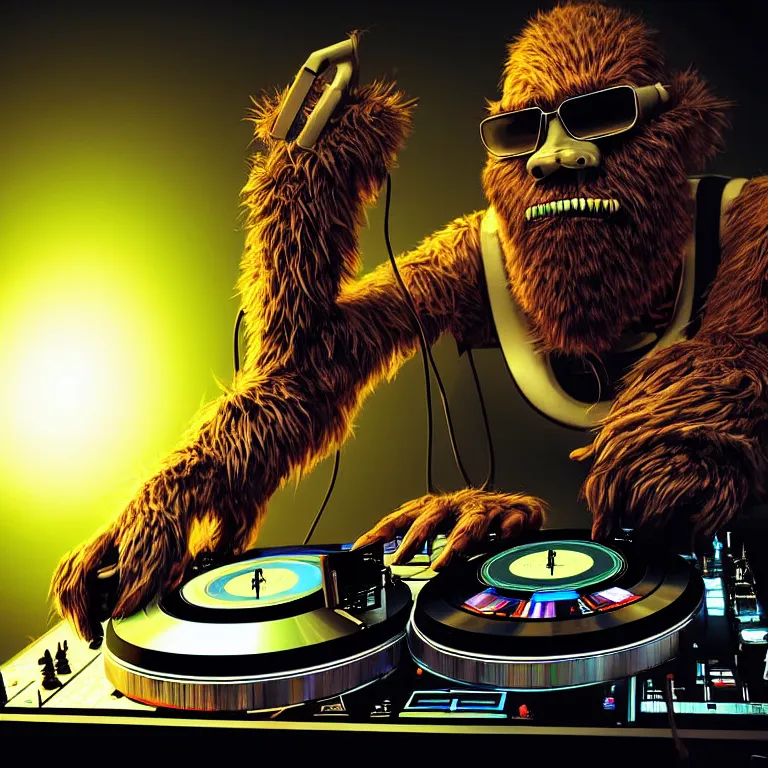 Image similar to a photograph portrait of an anthropomorphic cyberpunk bigfoot dj at the turntables spinning records, detailed render, tape deck, boombox, headphones, epic composition, cybernetics, 4 k realistic, cryengine, realistic shaded lighting, sharp focus, masterpiece, by matteo scalera, gary montalbano, peter elson in the style of the tokyo ghost comic