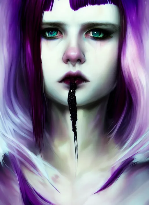 Image similar to portrait of white teenage girl, normal face, white bangs, mall goth, cyberlox, black and white hair, bangs, fluffy bangs, red contact lenses, purple lipstick, intricate, elegant, highly detailed, digital painting, artstation, concept art, sharp focus, smooth, illustration, art by wlop, mars ravelo and greg rutkowski