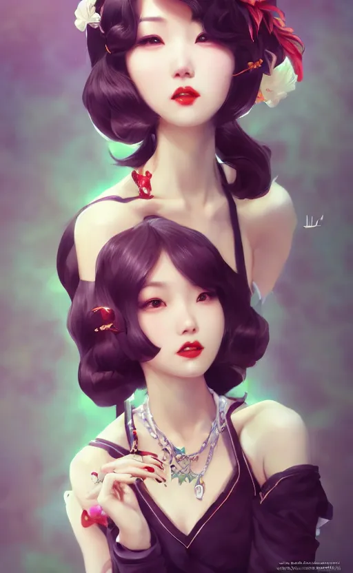 Image similar to a pin up and beautiful fashion charming dreamlke korea girl with lv jewelry, character art, art by artgerm lau and kyoung hwan kim and and ilya kuvshinov and john singer sargent, hyperdetailed, 8 k realistic, symmetrical, frostbite 3 engine, cryengine, dof, trending on artstation, digital art