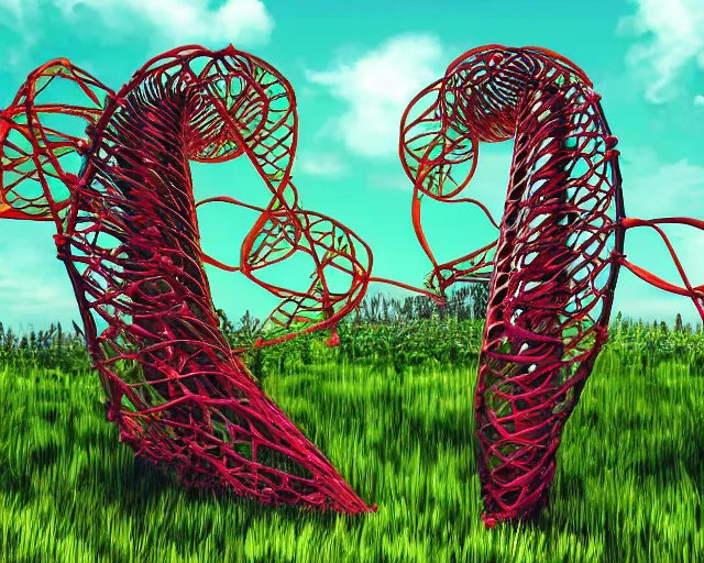 Image similar to in a field, two scientists in lab coats encounter a monster shaped like the DNA double helix, digital art