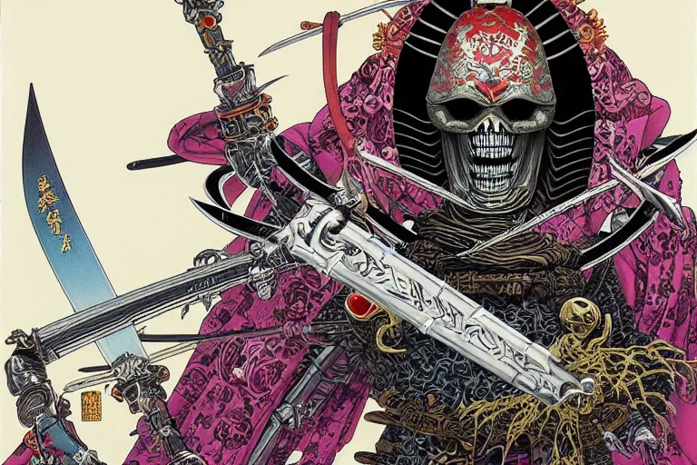 Image similar to portrait of a crazy skeletor samurai with japanese armor and helmet, by yoichi hatakenaka, masamune shirow, josan gonzales and dan mumford, ayami kojima, takato yamamoto, barclay shaw, karol bak, yukito kishiro