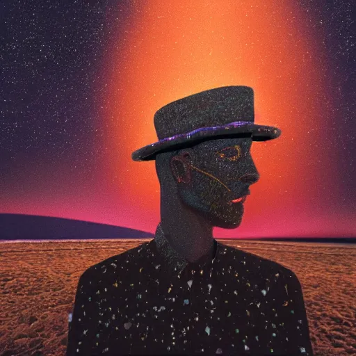 Image similar to dream A portrait of a man, by Karl Wiener, nighttime foreground, (abstract), figurative, ((((unreal engine)))), (pen), ((stars)), (((dark colors))), ((((dirt brick road))))