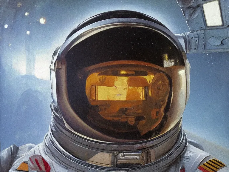 Image similar to a detailed profile oil painting of pilot in a spacesuit with reflective visor, flight suit, portrait symmetrical and science fiction theme with aurora lighting by beksinski carl spitzweg and tuomas korpi. baroque elements, full-length view. baroque element. intricate artwork by caravaggio. Trending on artstation. 8k