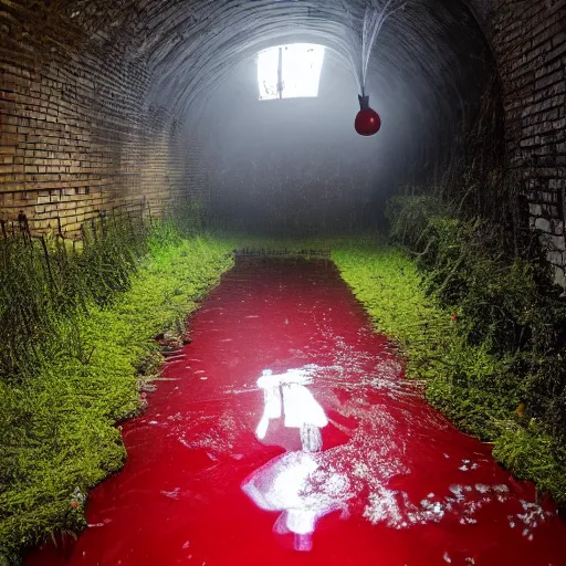 Prompt: down in the sewers of london, dark damp atmosphere, water dripping from the moss covered ceiling, a red balloon with a string attached is floating above the water