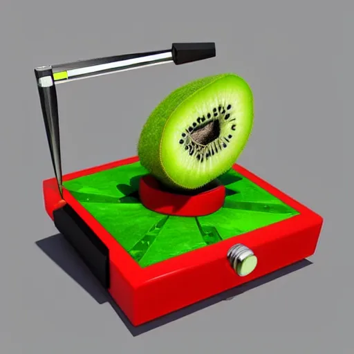 Image similar to a funny turntable with a needle on top of kiwi, a low poly render by blender guru, featured on polycount, computer art, sketchfab, rendered in maya, voxel art