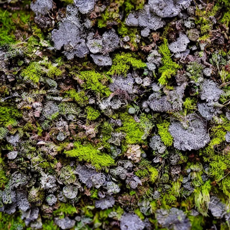 Image similar to a drawn picture lichens and moss close-up various fungus, mushrooms and plants, Atmospheric phenomenon, artistic photography, muted colors, conceptual, long exposure outside the city