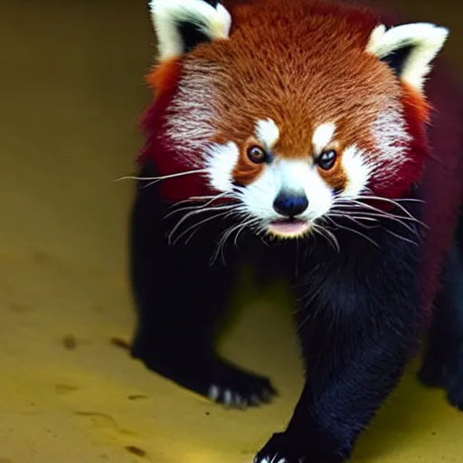 Image similar to dark footage of a red panda walking around the bottom of the ocean