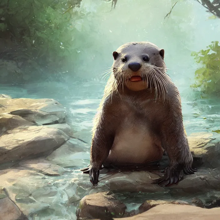 Image similar to a painting of a cute otter at a river. character design by cory loftis, fenghua zhong, ryohei hase, ismail inceoglu and ruan jia. volumetric light, detailed, rendered in octane