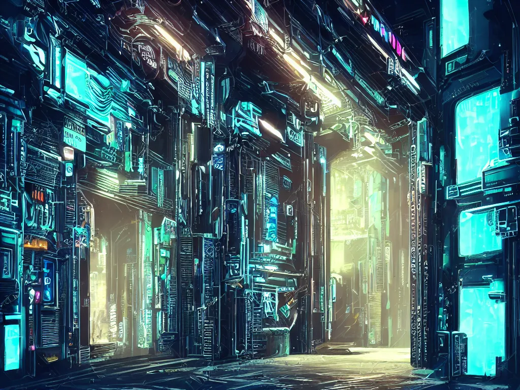 Prompt: a door at the end of a long dark corridor, cyberpunk city, futuristic, neon, intricate details