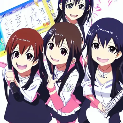 Prompt: Anime key visual of the main cast of K-On!