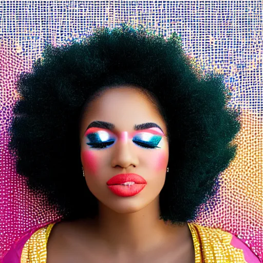 Prompt: pop art of an African American woman with an afro, with exquisite hollywood style makeup on, her eyes closed as the sun is rising behind her, studio photography, f/1.8 cinematic lens