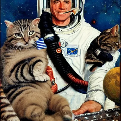 Image similar to an astronaut with a cats head, space, art by Norman Rockwell