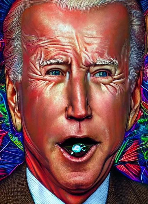 Prompt: a symmetrical photorealistic hyper detailed psychedelic portrait of Joe Biden smoking DMT out of a meth pipe in the style of alex grey