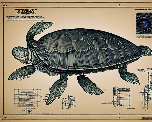 Image similar to a full page of a mechanical blueprint showing a cutaway design for a mechanized turtle from howl's moving castle ( 2 0 0 4 ), with a big head, muted colors, post grunge, studio ghibli, hq,