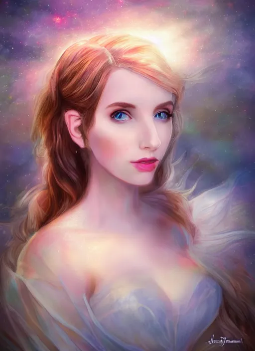 Prompt: of ethereal fantasy, young beautiful Amouranth, elegant, ethereal dreamy light, art by James Jeani