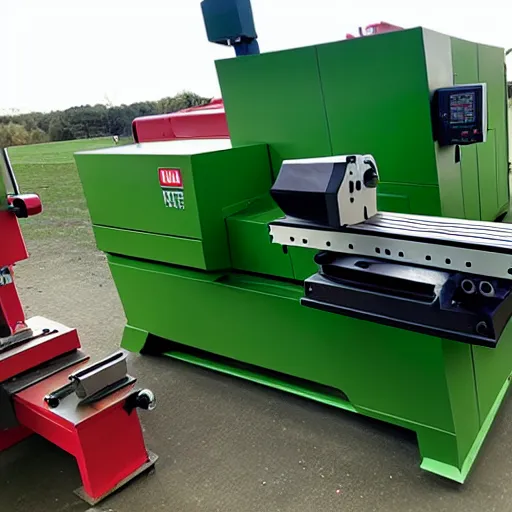 Image similar to cnc lathe from haas st - 3 0 stands in a green field, the sky is bright red with clouds
