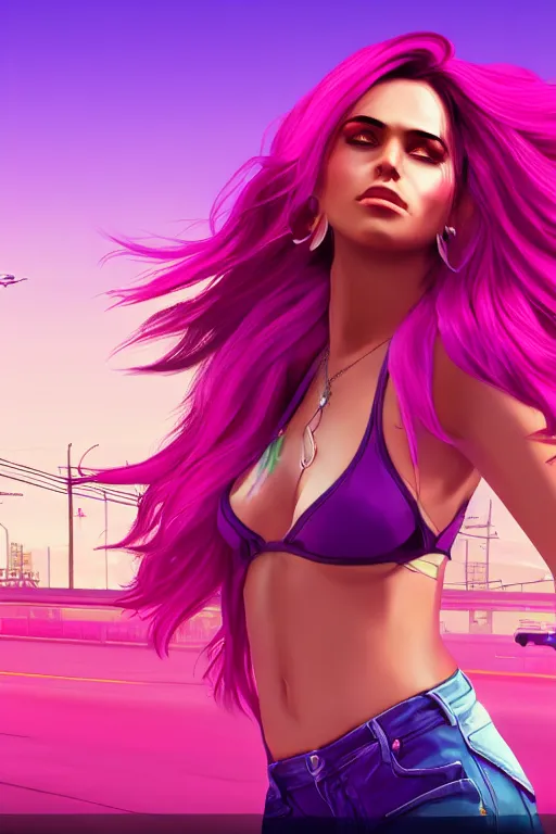 Prompt: a stunning GTA V loading screen with a beautiful woman with ombre purple pink hairstyle, hair blowing in the wind, outrun, vaporware, retro, digital art, trending on artstation