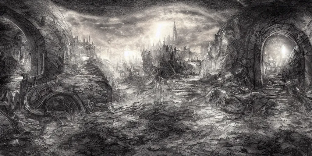 Image similar to Caelum sky subterranean horizon mystery, intricate drawing, oratio pro aris et focis, realistic fantasy, establishing shot, 8k resolution, dramatic lighting