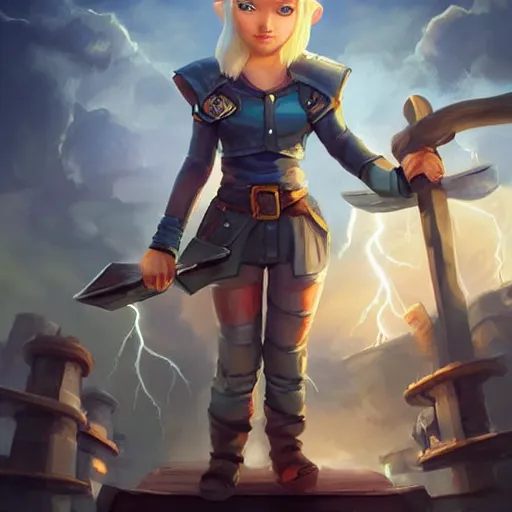Prompt: female gnome engineer with pixie undercut hair, blasting lightning from metal gauntlet covering her arm, standing on a ship deck, full body portrait, lightning fantasy magic, naval background, D&D, piercing stare, highly detailed, digital painting, HD, ArtStation, great composition, concept art, matte, sharp focus, illustration, art by artgerm and Greg Rutkowski