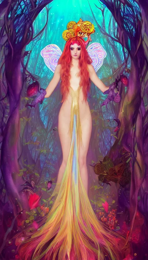 Image similar to a colorful and stunningly beautiful female faerie priestess in amanita muscaria forest landscape, symmetrical wings on back, neon hair, fantasy art, wearing a dress of gossamer gold, dark light night, sharp focus, digital painting, 4 k, concept art, art by charlie bowater and alphonse mucha, brom, face by otto schmidt