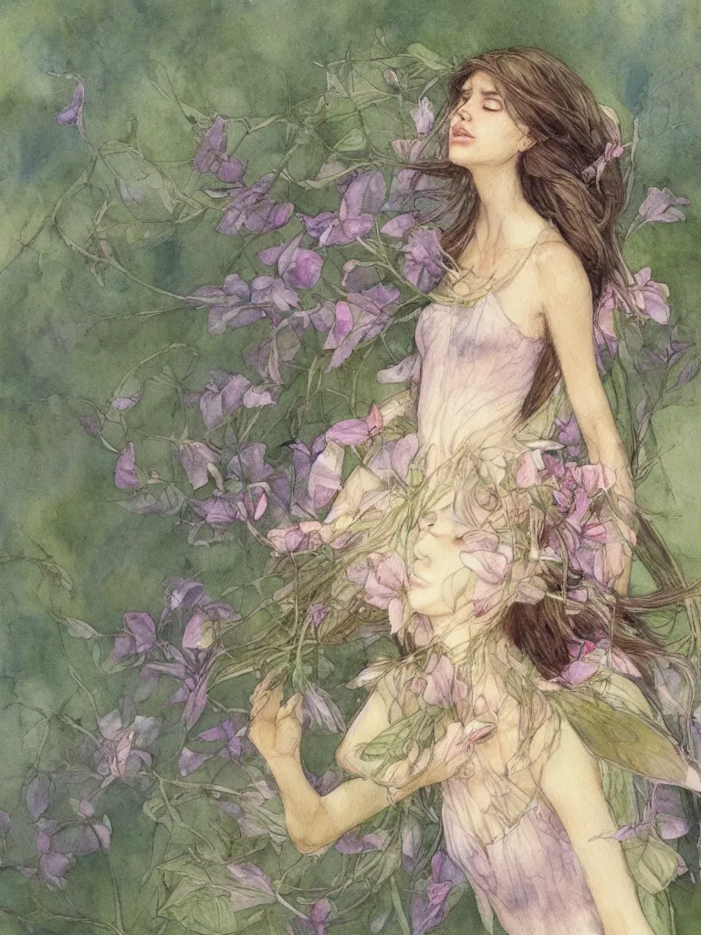 Image similar to study of a flower fairy, illustration, watercolor, alan lee, detailed, pretty, ethereal, realistic, artstation,