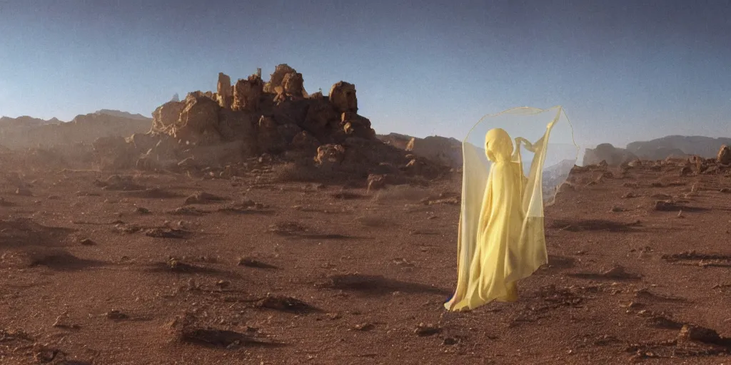 Prompt: levitating ghost veiled silhouette with full - face golden bright glowing reflective mask in a dry rocky desert landscape with abandoned city beneath the sand, visible sky and sunny atmosphere, floating rocks, flying rocks and fata morgana and giant mirrors by alejandro jodorowsky, anamorphic lens, kodakchrome, practical effects, masterpiece, 8 k