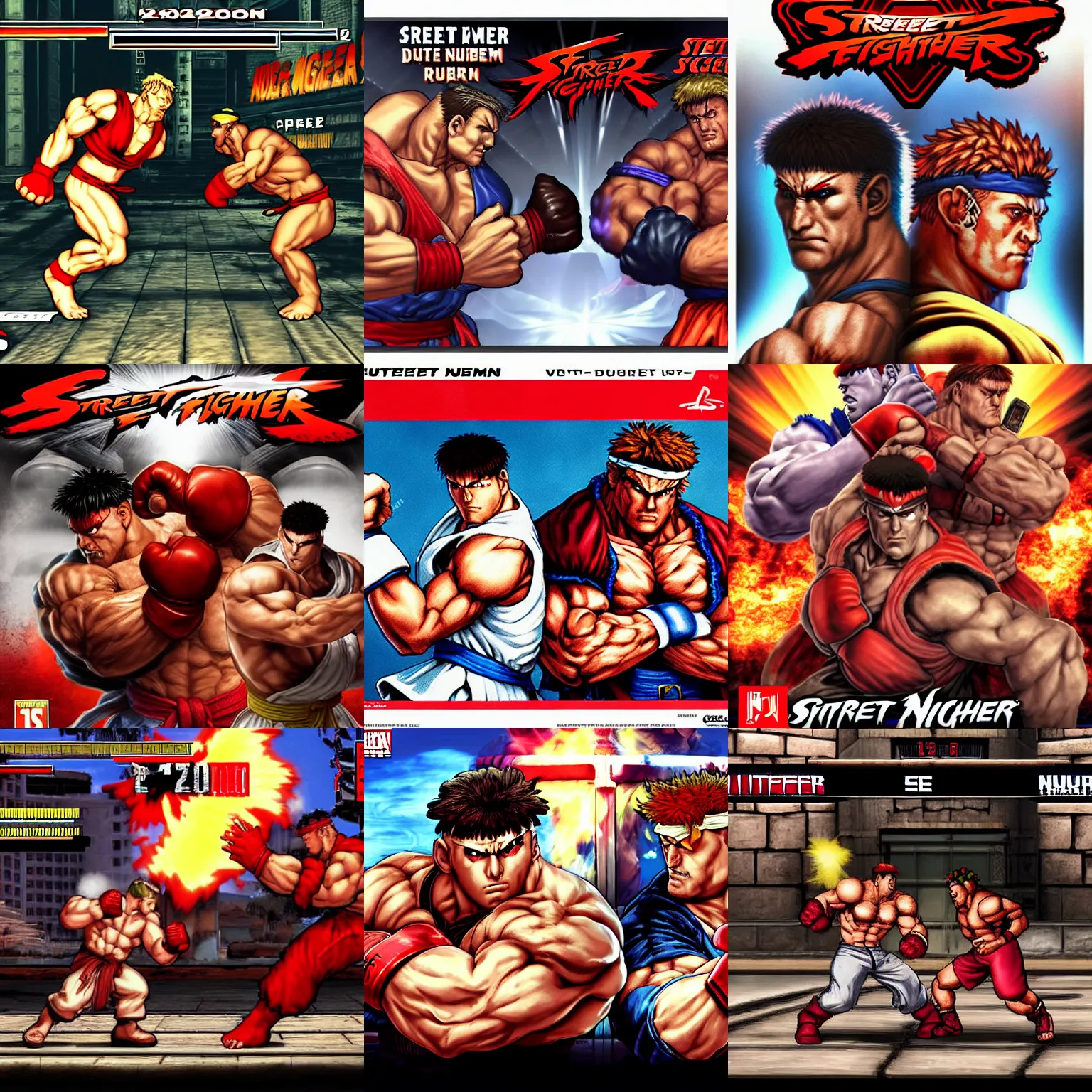 Prompt: street fighter duke nukem vs ryu, video game, duke nukem, street fighter