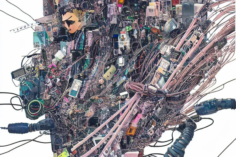 Image similar to an extremely beautiful cyberpunk illustration of parts of female androids' bodies scattered across an empty white background with cables and wires coming out, by katsuhiro otomo and masamune shirow, hyper-detailed, colorful, bird view