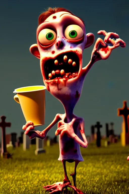 Image similar to a funny zombie character with big eyes holding a cup of coffee on a cemetery at night. pixar disney 4 k 3 d render movie oscar winning trending on artstation and behance. ratatouille style.