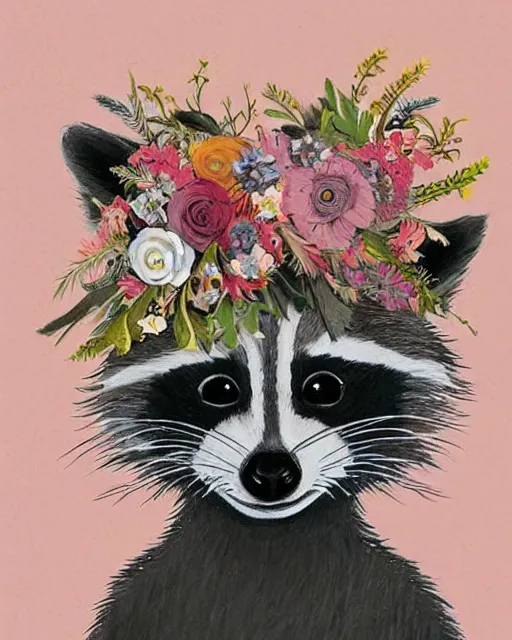 Prompt: a painting of a raccoon wearing a flower crown, a storybook illustration by naomi okubo, pinterest contest winner, furry art, made of flowers, storybook illustration, whimsical, muted colors, white paper background