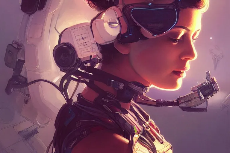 Prompt: Sensual beautiful female pale young Indian doctors wearing Deus Ex Human Revolution clothing in a space station above Earth, portrait, elegant, intricate, digital painting, artstation, concept art, smooth, sharp focus, illustration, art by artgerm and greg rutkowski and alphonse mucha