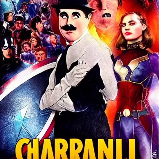 Image similar to charlie chaplin watching a new marvel movie