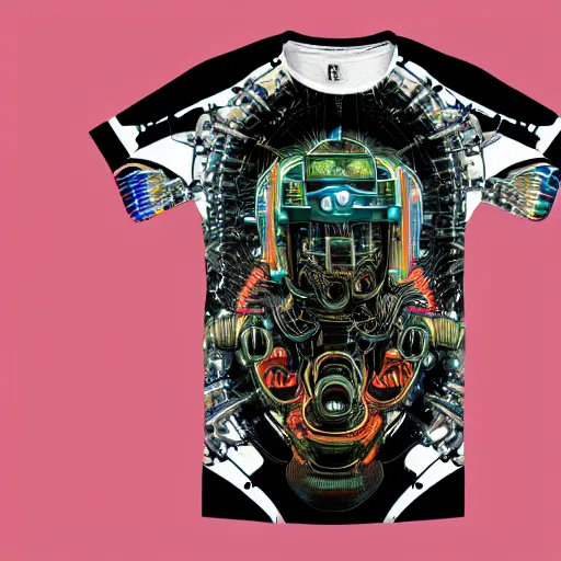 Image similar to mockup of a black tshirt with a hyperdetailed portrait of a steampunk robot by hajime sorayama, 8 k, symetrical, flourescent colors, happy trippy mood, multicolored,