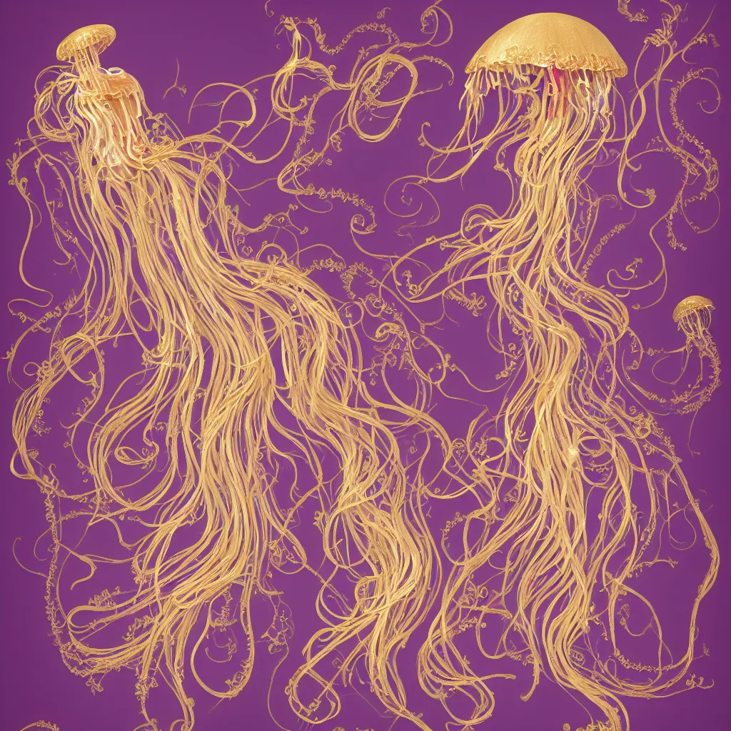 Prompt: Goldenpurple dress design in the style of rococo,Victorian era,jellyfish element,dreamy, soft,Backlight ,luminescence,highly detailed,8k