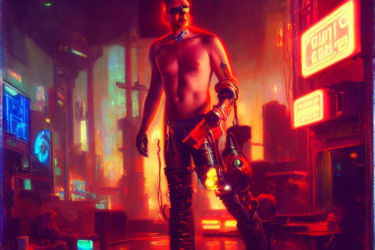 Prompt: cyberpunk style, attractive male, neon lights, painting by gaston bussiere, craig mullins, j. c. leyendecker, tom of finland