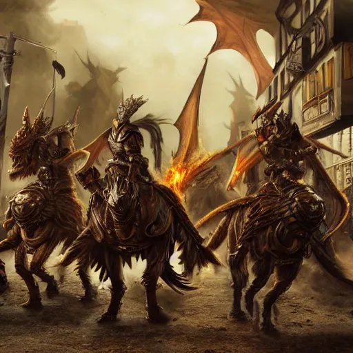 Image similar to warriors on wyverns with steampunk armor flying in a street, warm lighting, destroyed OulanBator, sand, postapocalyptic, photorealism 8k , high details, neat